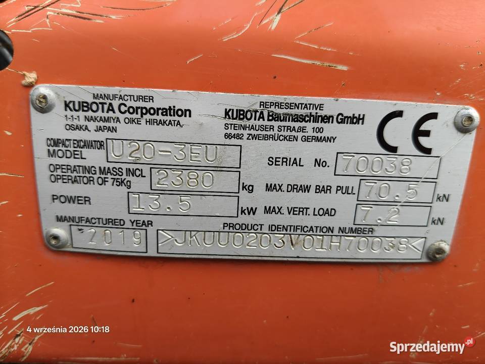 Minikoparka Kubota U203EU 2019 Kobiernice sprzedam