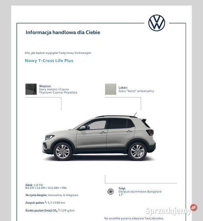 Volkswagen Tcross 10 116 pierwszego właściciela nieuszkodzony Bełchatów