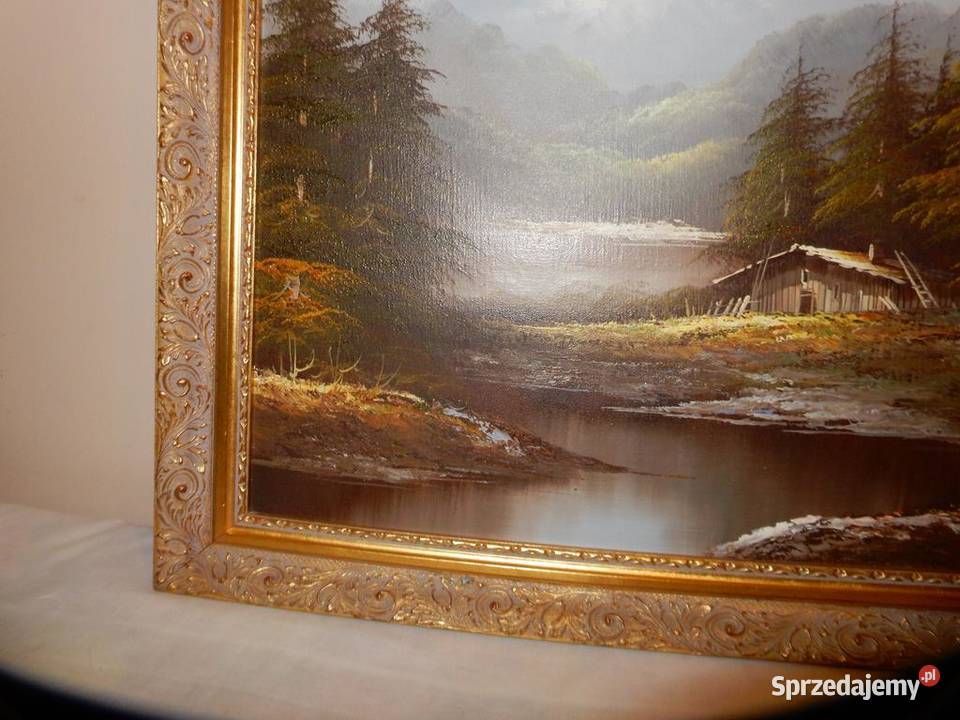 Duży Obraz Olejny 101x71 Pejzaż Górski w Złotej Malarstwo Piła