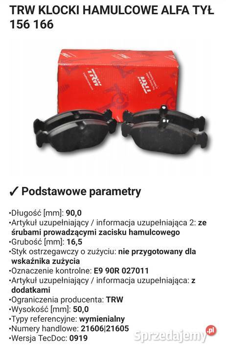 Klocki hamulcowe tył TRW Alfa Lancia klocki Biszcza sprzedam