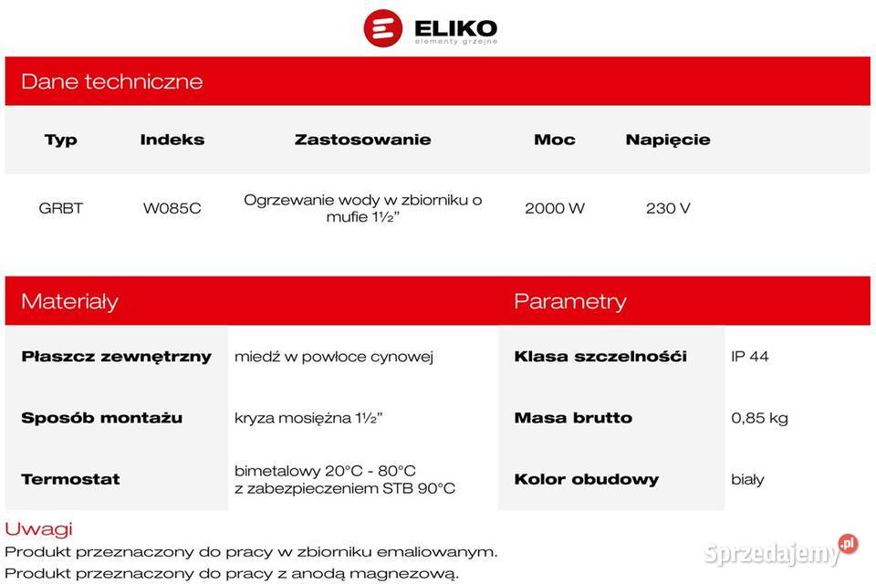Grzałka ELIKO 2kW 64 do bojlera emaliowanego Koszęcin sprzedam