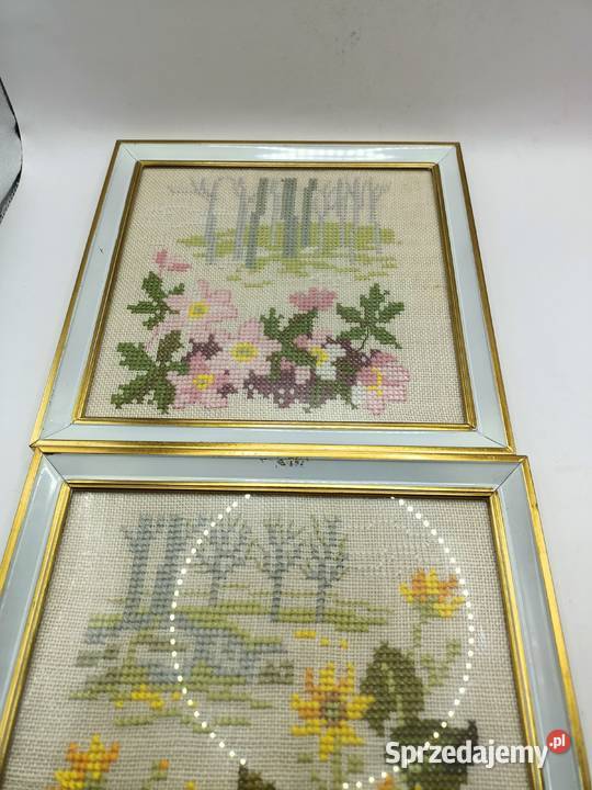 Dwa obrazki roślinny haft pod szkłem Zamość