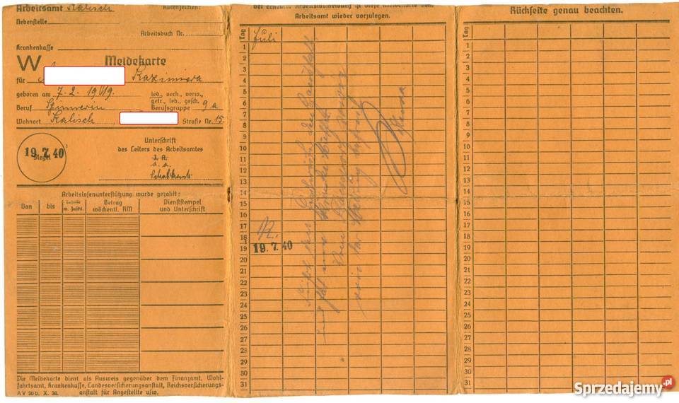 Meldekarte karta meldunkowa Kalisch Kalisz sprzedam