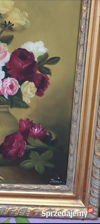 Stylowy Obraz Olej Płótno Kwiaty Bukiet Złota Pabianice sprzedam