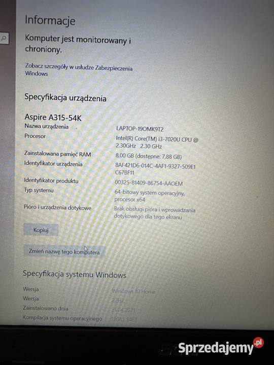 Laptop Acer Aspire 3 INTEL I3 8gb Ram SSD 256GB 15-15.9" Acer Acer świętokrzyskie