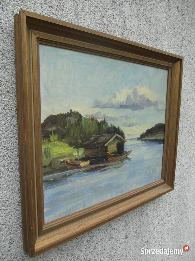Obraz olejny Przystań Szwecja lata 70 lubelskie Lublin