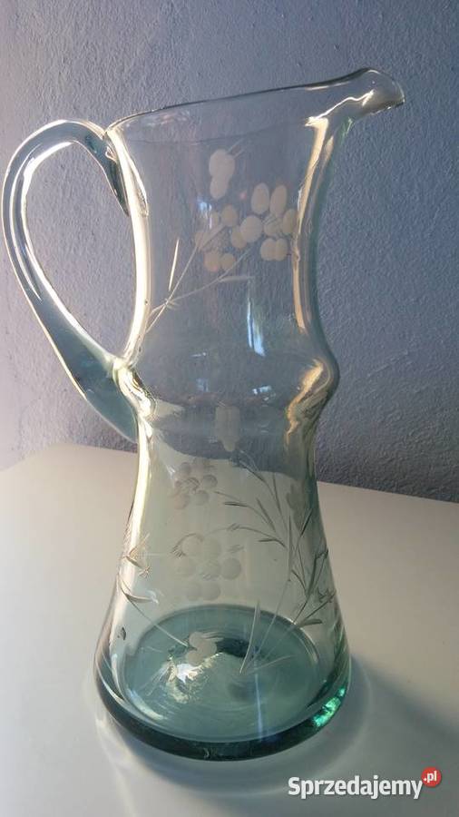 Piękny stary dzban szklany błękitny grawerowany Łódź