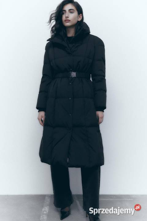 Długi puchowy płaszcz z paskiem Zara XS czarny Sosnowiec