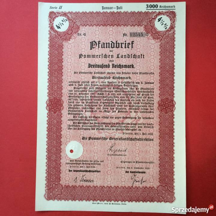 22 Papiery wartościowe 3000 reichsmark Antykwariat Szczecin