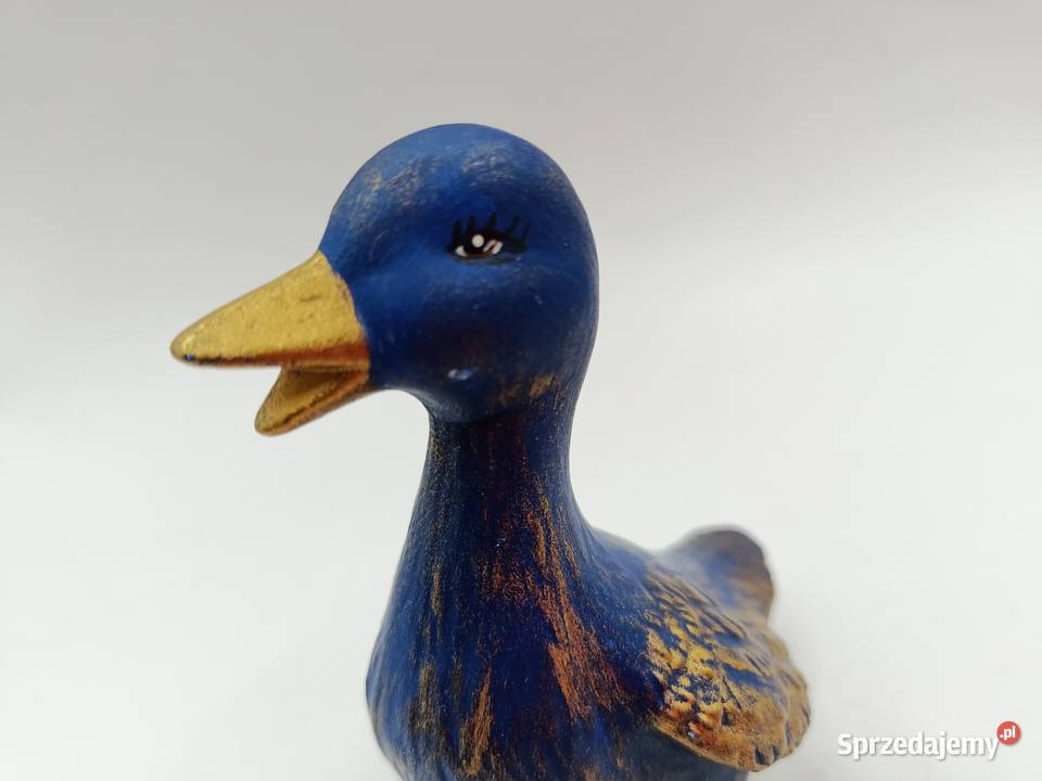 Kaczka niebiesko złota ceramiczna ptak drób Zamość