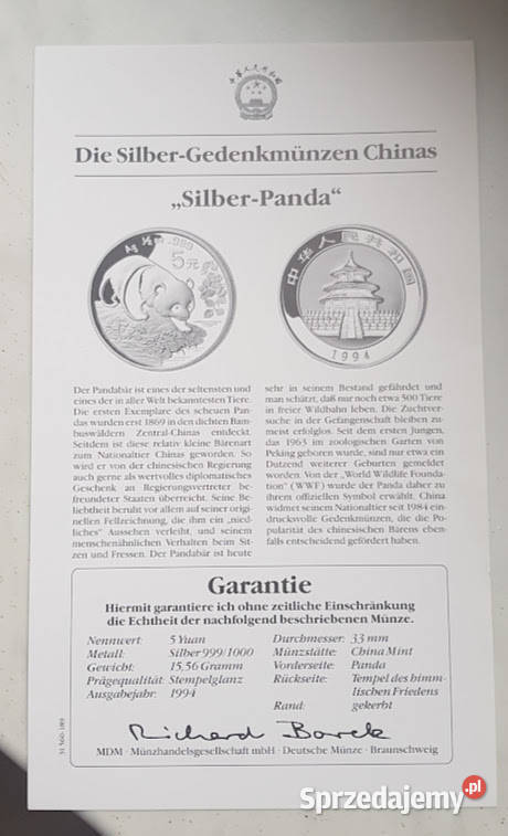 5 YUAN 1994 Srebrna Panda z Chin certyfikat z Zielona Góra