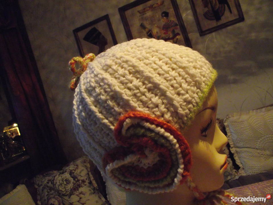 BIAŁA AUTORSKA CZAPUSIA PILOTKA FREEFORM CROCHET Piła