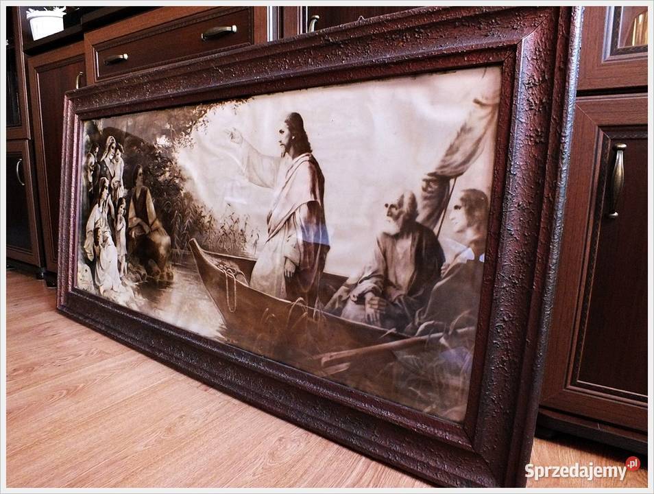 Stary duży obraz Jezus na łodzi 135 x 67 Żary
