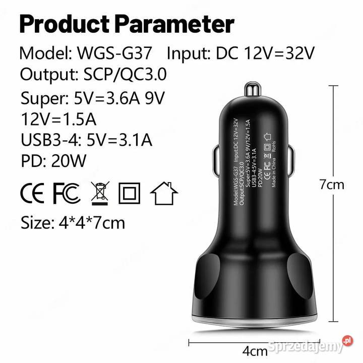 Ładowarka samochodowa 4 x USB 250W kabel USB C