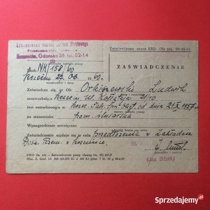 1718 Zaświadczenia Z Miejsc Pracy Orkiszewski