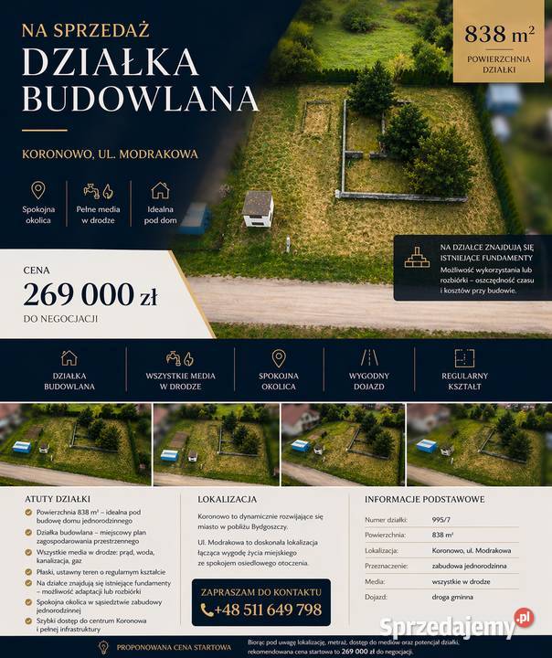 Działka budowlana 838 m Koronowo