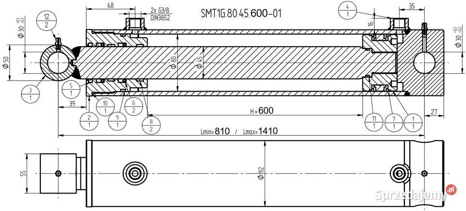 Siłownik Hydrauliczny SMT1G 80x45 SKOK 600 2STR Solec Kujawski sprzedam