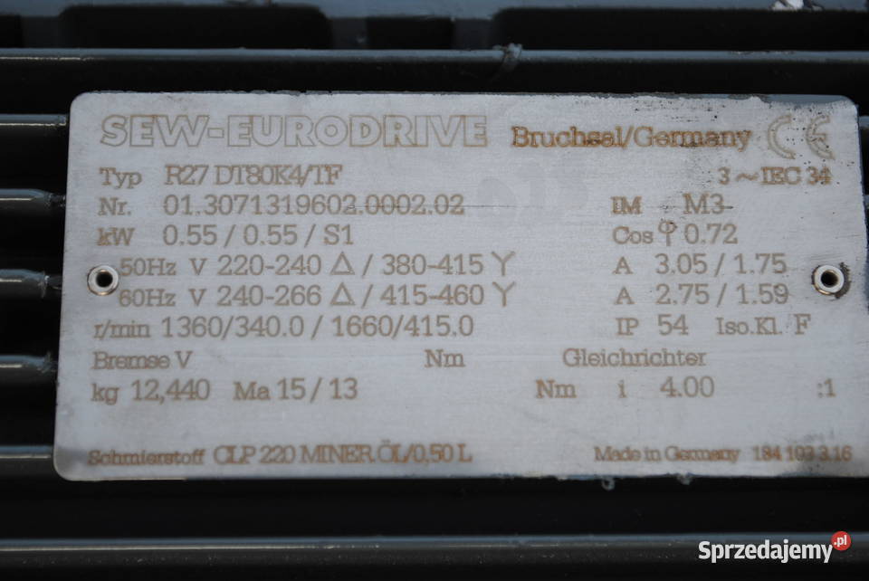 Motoreduktor 055kw 340obrmin FIRMY SEW lubuskie Kargowa