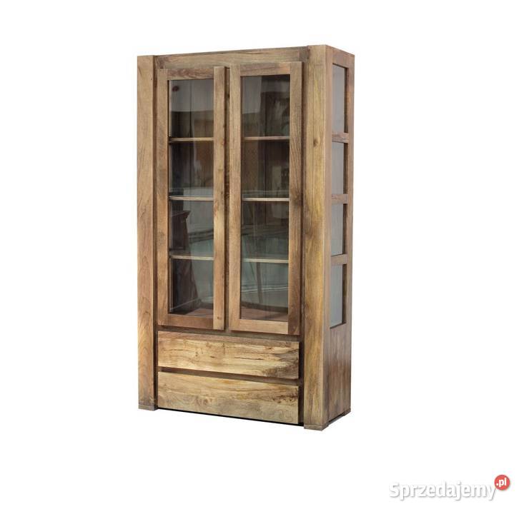 Duża przeszklona drewniana witryna z szufladami