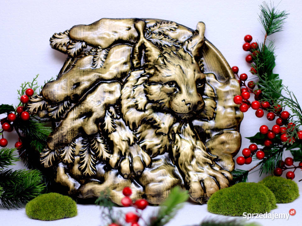 Płaskorzeźba drewniana Ryś wersja GOLD podkarpackie