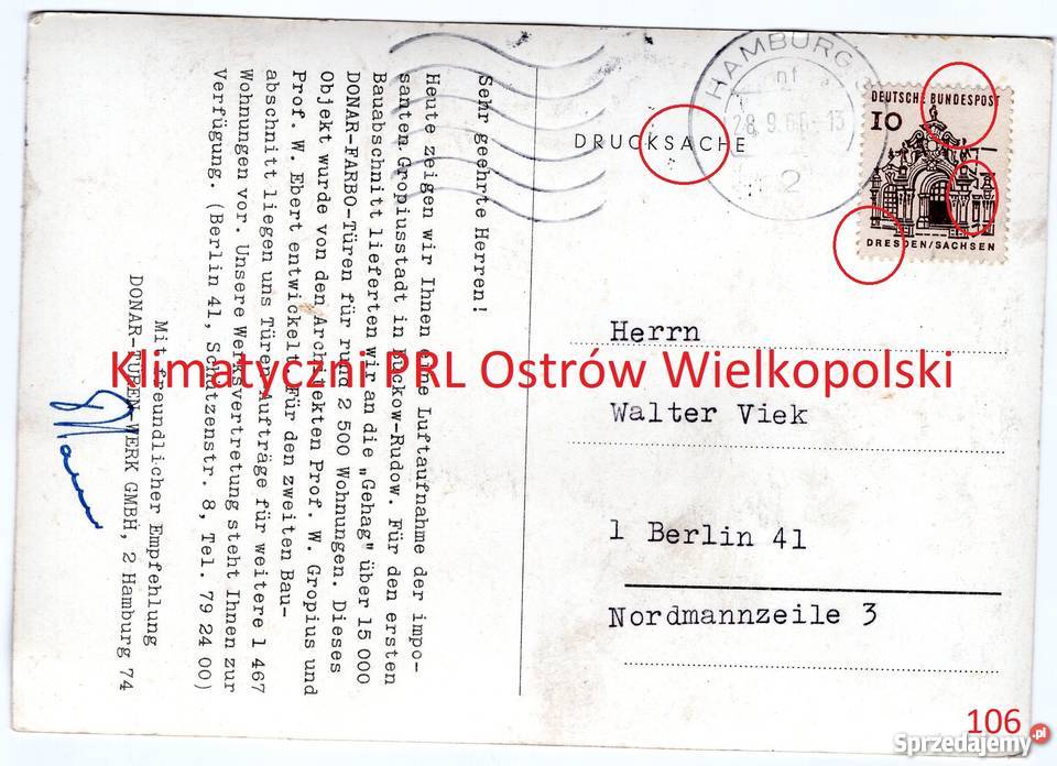 Pocztówka Post card Hamburg Niemcy znaczek 1966 Bielsko-Biała