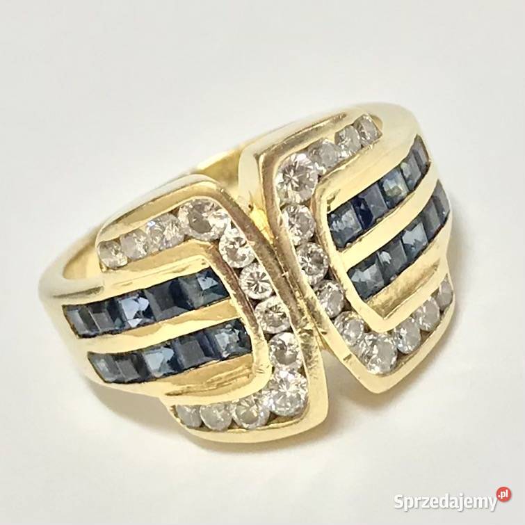 Złoty PIERŚCIONEK 18K SZAFIRY i BRYLANTY 045ct Warszawa