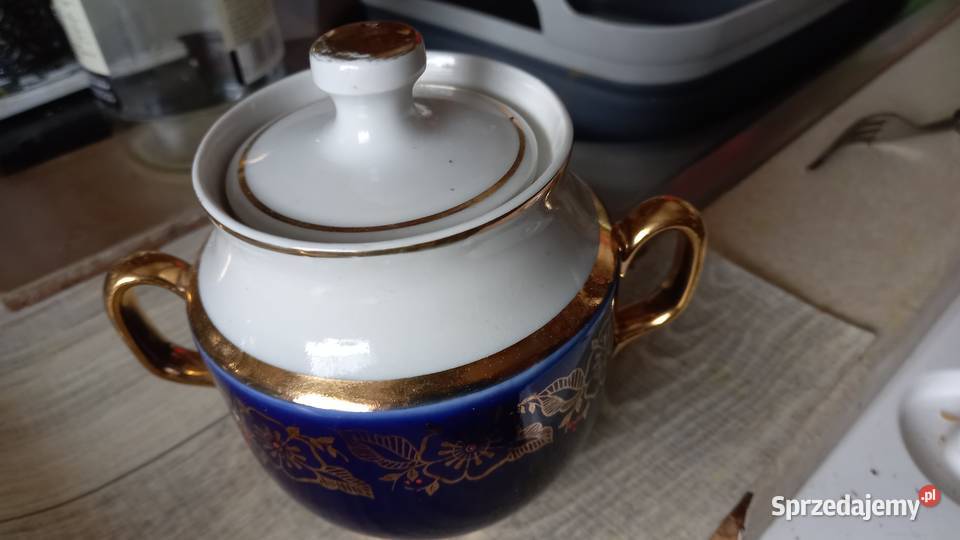 Cukiernica porcelanowa kobalt złoto biel mazowieckie