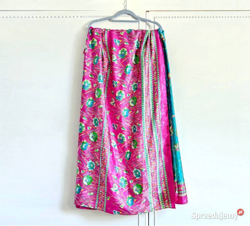 Vintage saree sari róż turkus kwiaty floral kolorowy Szczecin