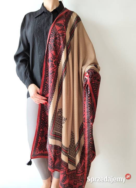 Duża chusta szal dupatta beż wzór geo bawełna Szczecin sprzedam