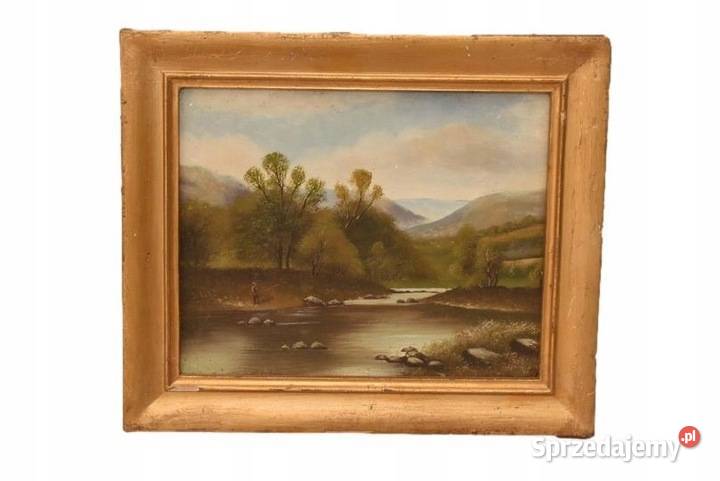 Wędkarz Rzeką Pejzaż Lasu Rzeka Las Obraz Olejny Obrazki i obrazy