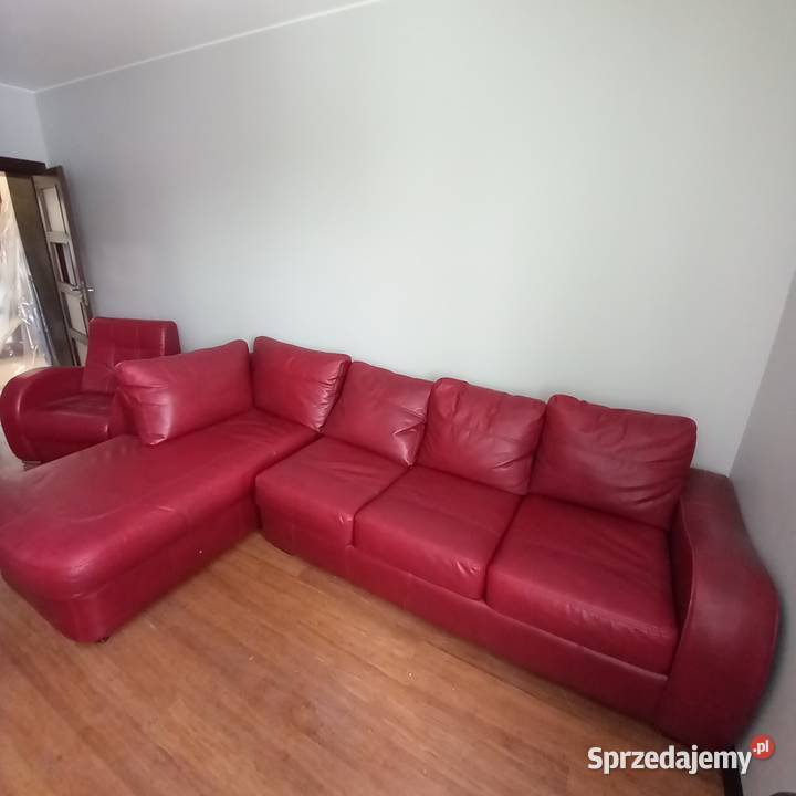 Wygodna czerwona kanapa skóra naturalna + fotele