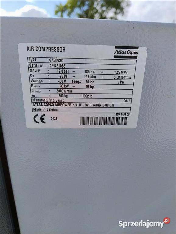 Sprężarka ATLAS COPCO GA30VSDFF 30kW 558m3min Wilków sprzedam