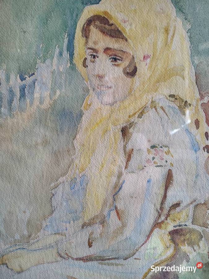 Wiejska dziewczynka akwarela antyk Kartuzy