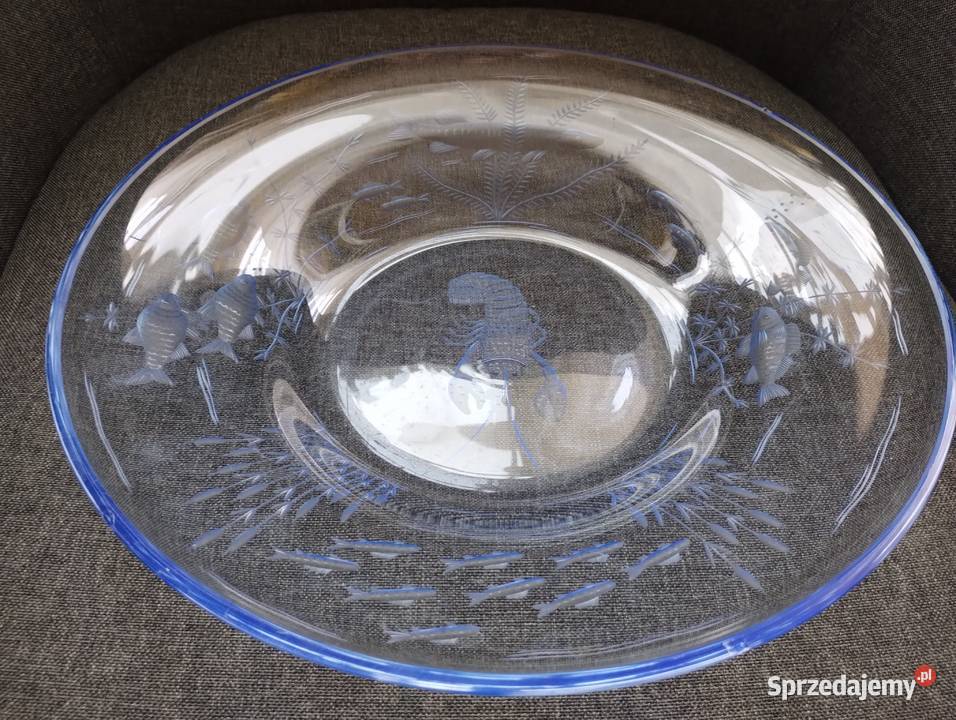 PRL patera szkło błękit ryby 30 art deco niebieski Łódź