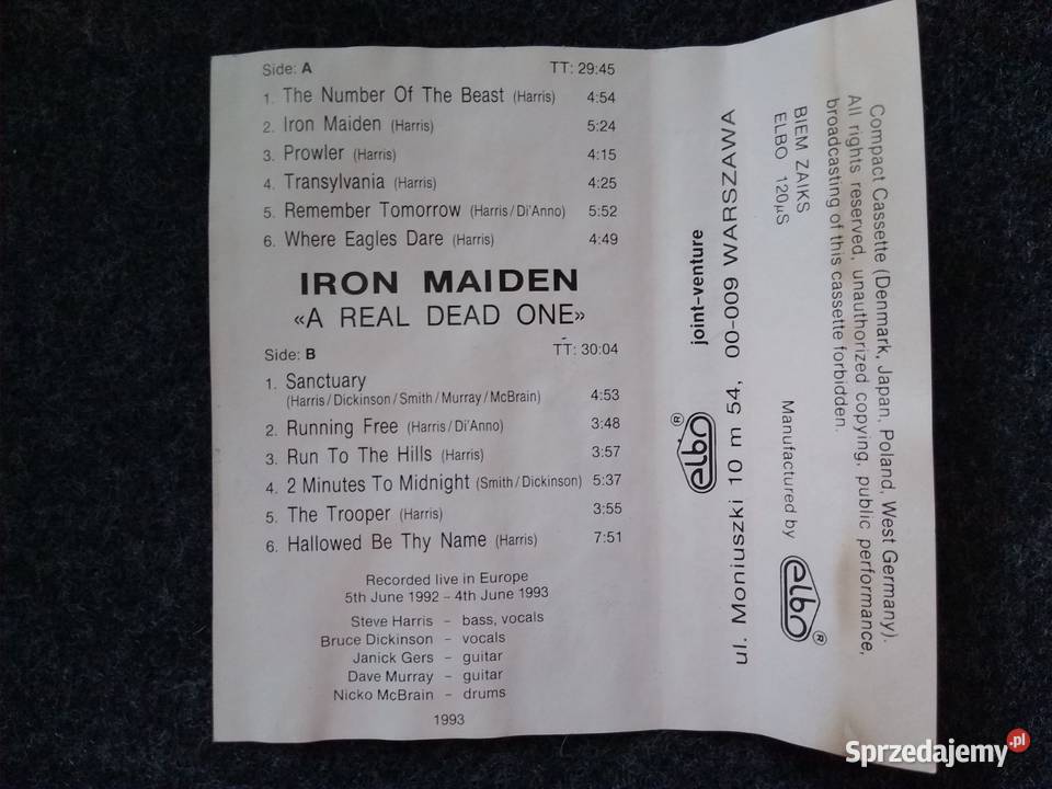 MC cassette cover IRON MAIDEN A REAL DEAD ONE pomorskie