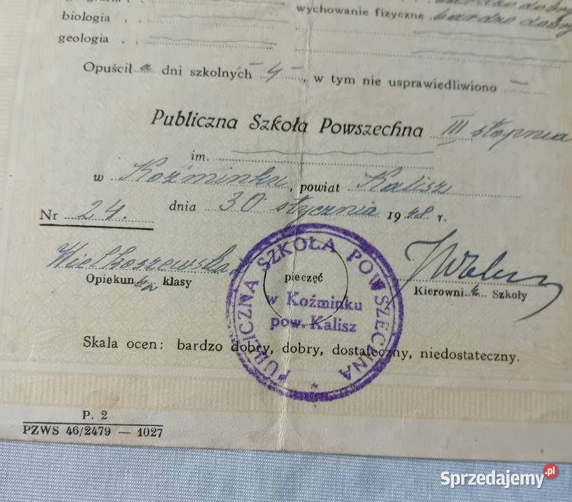 Świadectwo I półrocze klasy 2 szkoły powszechnej Koźminek