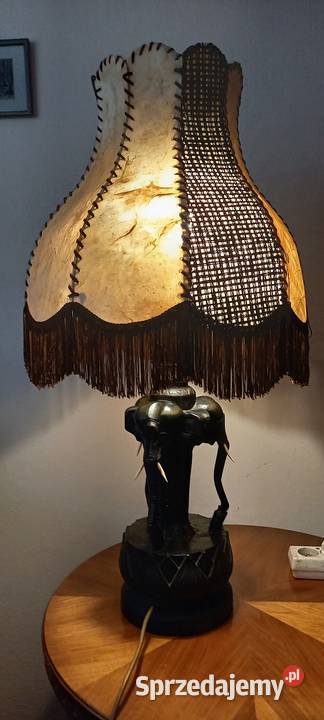 Drewniana rzeźbiona lampa Trzy słonie skórzany Skierniewice sprzedam