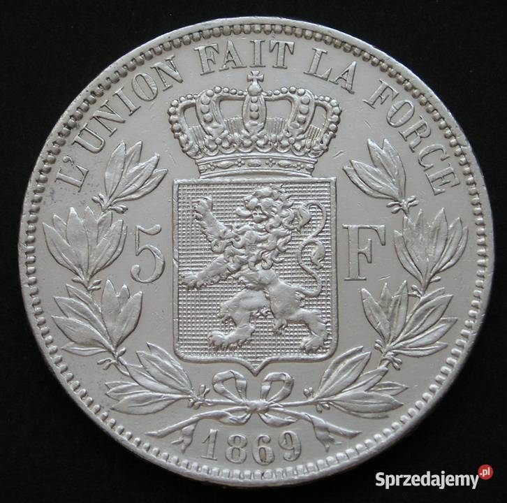 BELGIA 5 FRANKÓW 1869 LEOPOLD II KOBURG SREBRO łódzkie Łódź