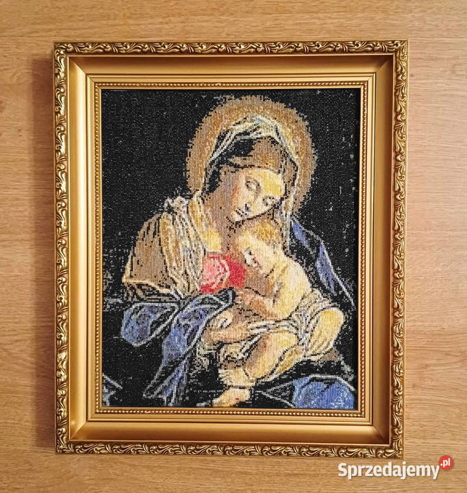 haft krzyżykowy Madonna z Dzieciątkiem drewniana Rękodzieło artystyczne Szczecin