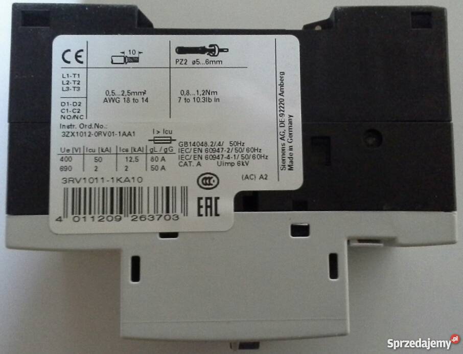 Wyłącznik silnikowy 3RV10111KA10 Siemens Pozostałe śląskie Zabrze