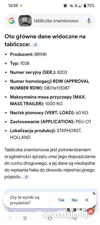 Tabliczka znamionowa hak holowniczy BRINK Mirzec sprzedam