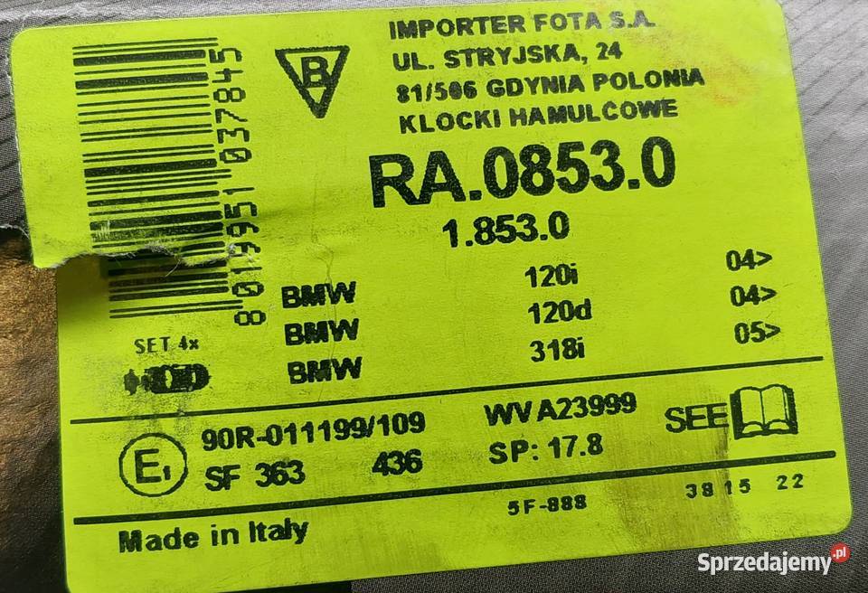 KLOCKI HAMULCOWE PRZÓD BMW E87 E90 2288849 Mielęcin