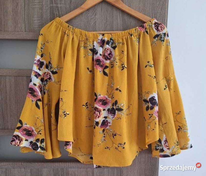 Musztardowa bluzka hiszpanka w kwiaty 38 boho Rozmiar 38(M) Bluzki i koszule Odzież damska Kraków