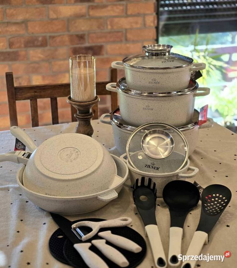 369 Garnki biały marmur 21 elementow Zilner Zabrze sprzedam