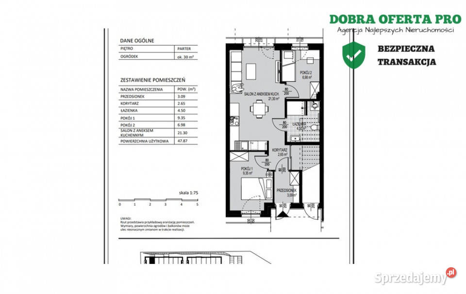Nowe3 pok 4787m2 ogródek 30m2 BorkowoKowaleO4PR 47.87m2