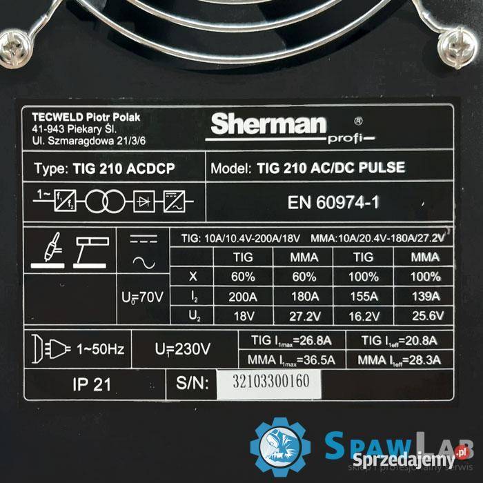 Sherman TIG 210 ACDC pulse wielkopolskie Krotoszyn