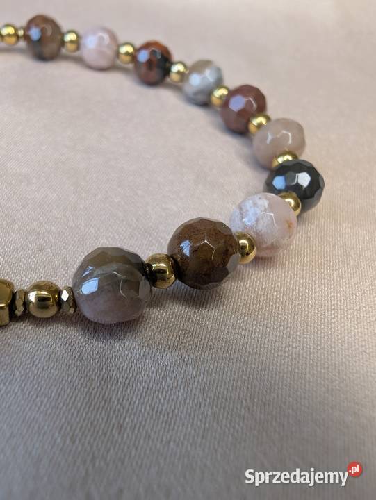 Bransoletka różaniec skamieniałe drewno krzyżyk