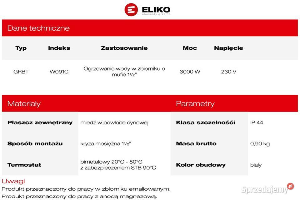 Grzałka ELIKO 3kW 64 do zbiorników emal dost w Koszęcin sprzedam