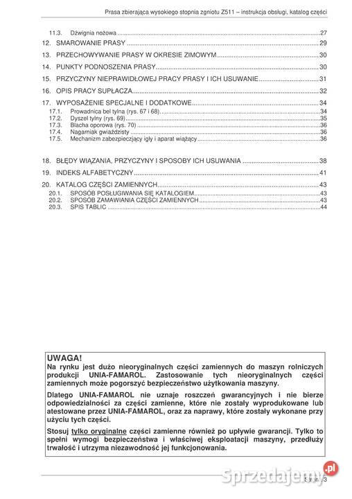 Instrukcja obsługi i katalog prasa zbierająca podkarpackie Stalowa Wola