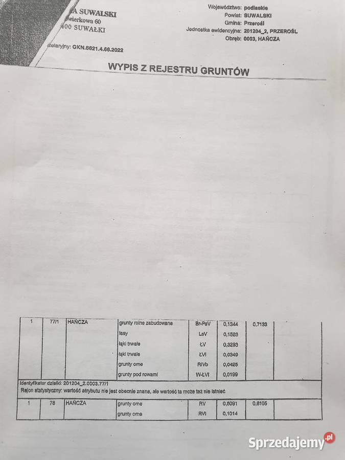 HAŃCZAsiedlisko i ziemia orna i leśna Suwałki